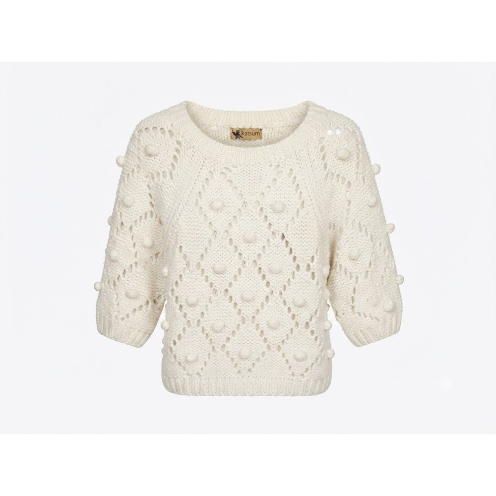 Katsumi Sweater Womens M/L Cream Pom Pom Knit Bobble Chunky Cottagecore Romantic
